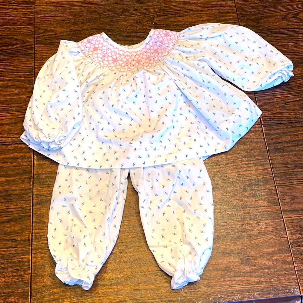 Pink and white rosebud smocked outfit